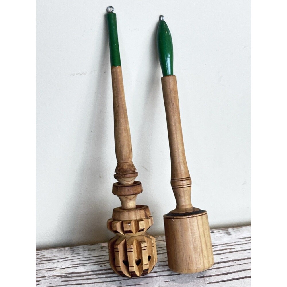 VTG Carved Wooden Green Handle Hot Chocolate Honey Whisk Stirrer And Muddler
